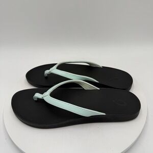 Olukai Women's Flip Flop Puawe Sea Glass Blue Black Flip Flops Sandals Size 10